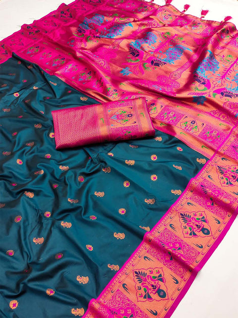 VastraLakshmi Ephemeral Teal Blue Paithani Silk Saree With Dalliance Blouse Piece