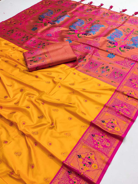 VastraLakshmi Divine Yellow Paithani Silk Saree With Flameboyant Blouse Piece