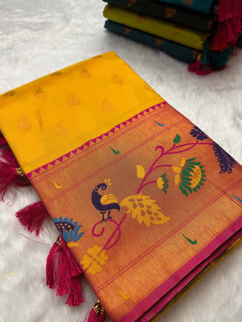 VastraLakshmi Redolent Yellow Paithani Silk Saree With Devastating Blouse Piece