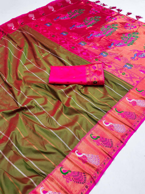 VastraLakshmi Captivating Mehndi Paithani Silk Saree With Intricate Blouse Piece