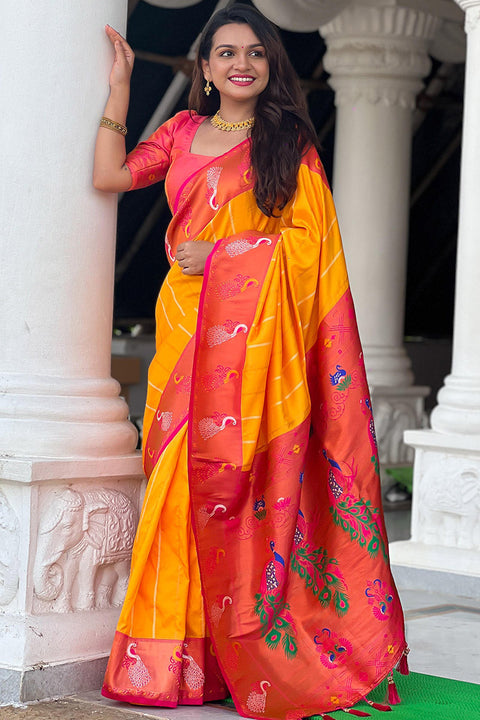 VastraLakshmi Brood Yellow Paithani Silk Saree With Ebullience Blouse Piece