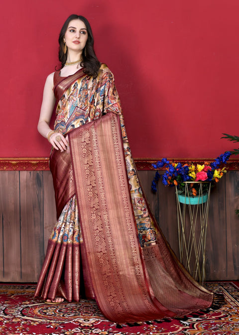 VastraLakshmi Glowing Beige Kalamkari Printed Saree With Refreshing Blouse Piece