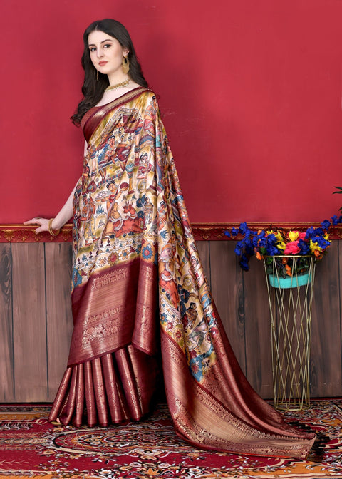 VastraLakshmi Glowing Beige Kalamkari Printed Saree With Refreshing Blouse Piece