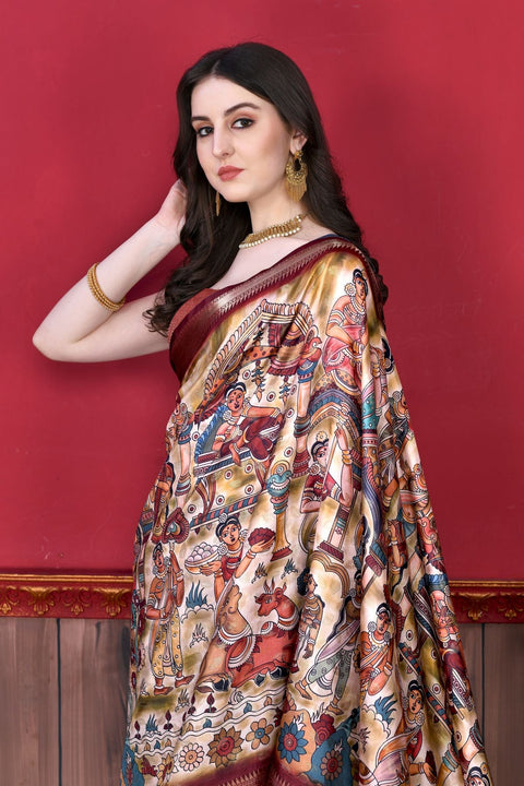 VastraLakshmi Glowing Beige Kalamkari Printed Saree With Refreshing Blouse Piece