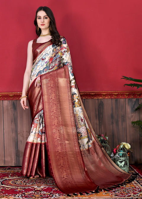 VastraLakshmi Flattering Off White Kalamkari Printed Saree With Mesmerising Blouse Piece