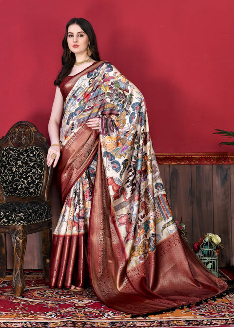 VastraLakshmi Flattering Off White Kalamkari Printed Saree With Mesmerising Blouse Piece