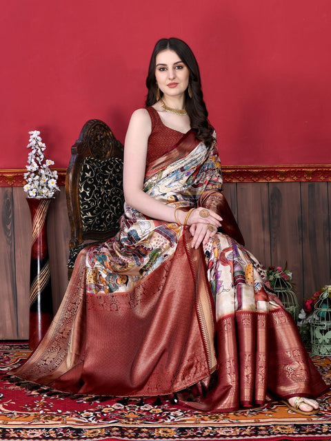 VastraLakshmi Flattering Off White Kalamkari Printed Saree With Mesmerising Blouse Piece