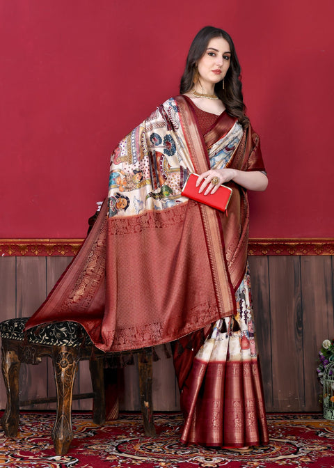 VastraLakshmi Flattering Off White Kalamkari Printed Saree With Mesmerising Blouse Piece