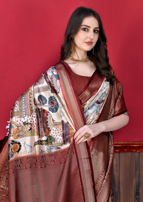 VastraLakshmi Flattering Off White Kalamkari Printed Saree With Mesmerising Blouse Piece