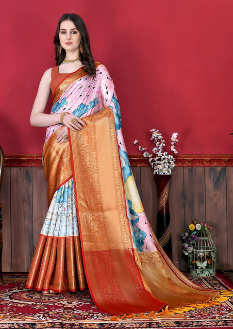 VastraLakshmi Charming Pink Kalamkari Printed Saree With Arresting Blouse Piece