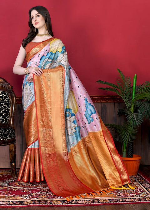 VastraLakshmi Charming Pink Kalamkari Printed Saree With Arresting Blouse Piece