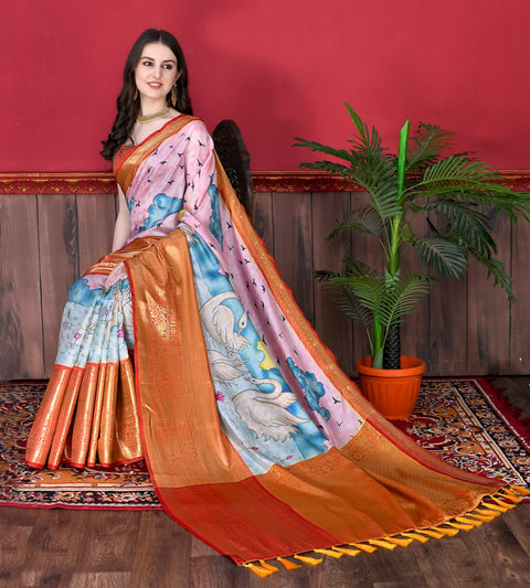 VastraLakshmi Charming Pink Kalamkari Printed Saree With Arresting Blouse Piece