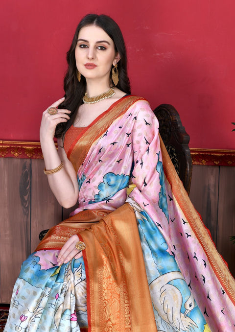 VastraLakshmi Charming Pink Kalamkari Printed Saree With Arresting Blouse Piece