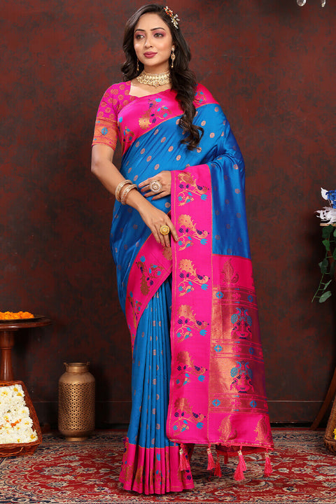 VastraLakshmi Capricious Blue Paithani Silk Saree With Glowing Blouse Piece