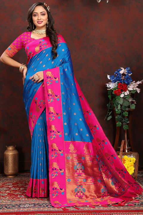 VastraLakshmi Capricious Blue Paithani Silk Saree With Glowing Blouse Piece