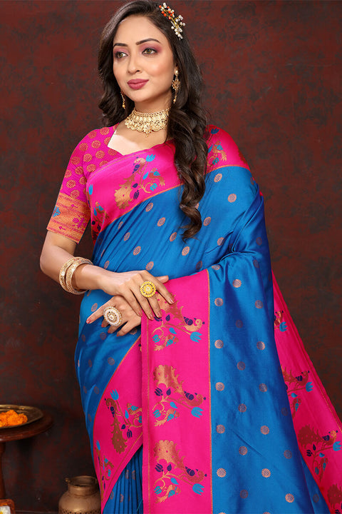 VastraLakshmi Capricious Blue Paithani Silk Saree With Glowing Blouse Piece