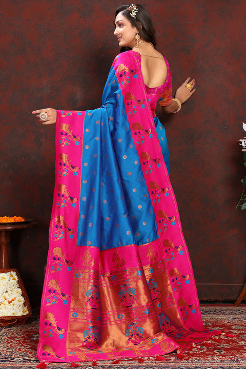 VastraLakshmi Capricious Blue Paithani Silk Saree With Glowing Blouse Piece