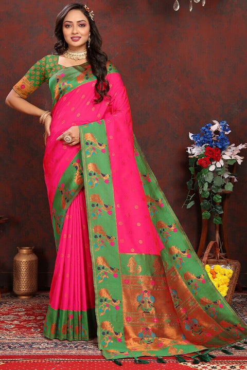 VastraLakshmi Arresting Dark Pink Paithani Silk Saree With Opulent Blouse Piece