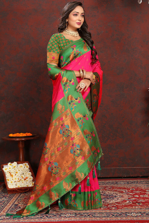 VastraLakshmi Arresting Dark Pink Paithani Silk Saree With Opulent Blouse Piece