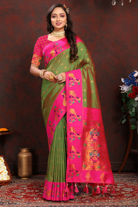 VastraLakshmi Delightful Green Paithani Silk Saree With Twirling Blouse Piece