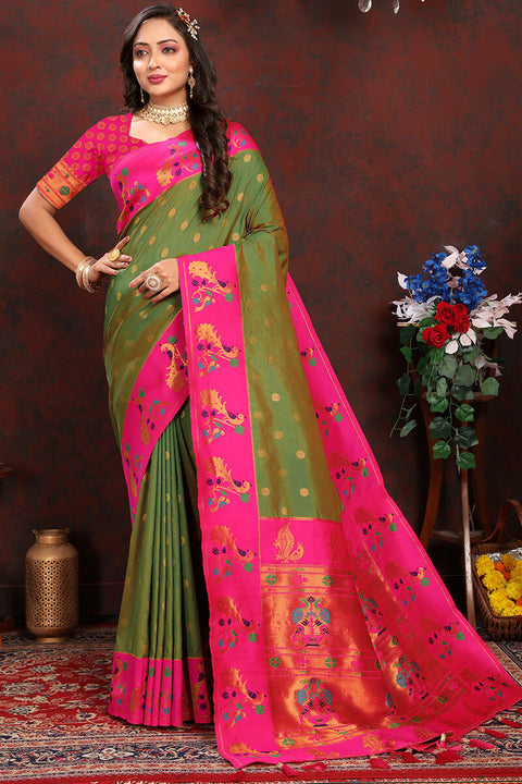 VastraLakshmi Delightful Green Paithani Silk Saree With Twirling Blouse Piece