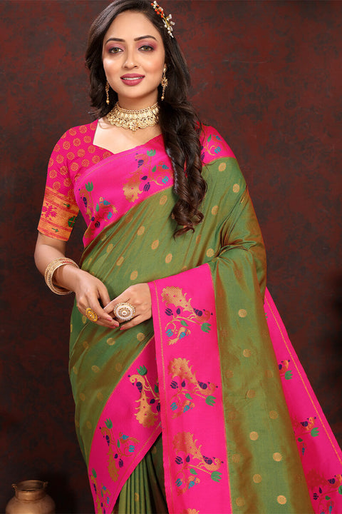 VastraLakshmi Delightful Green Paithani Silk Saree With Twirling Blouse Piece