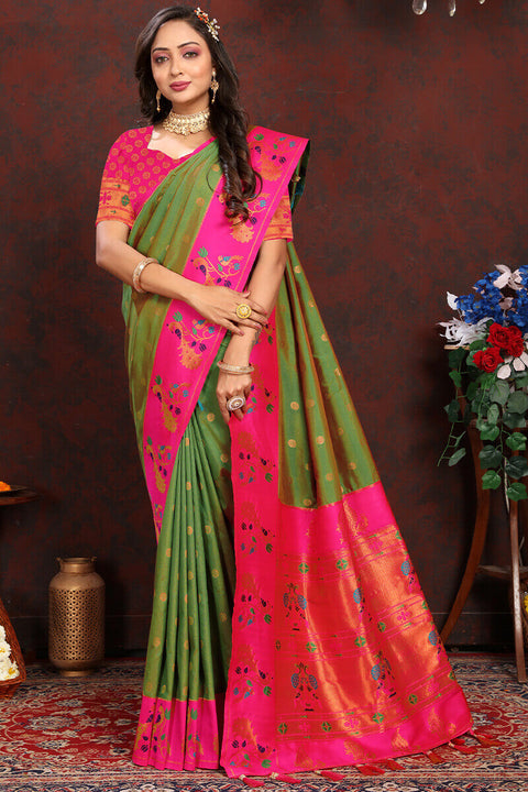 VastraLakshmi Delightful Green Paithani Silk Saree With Twirling Blouse Piece