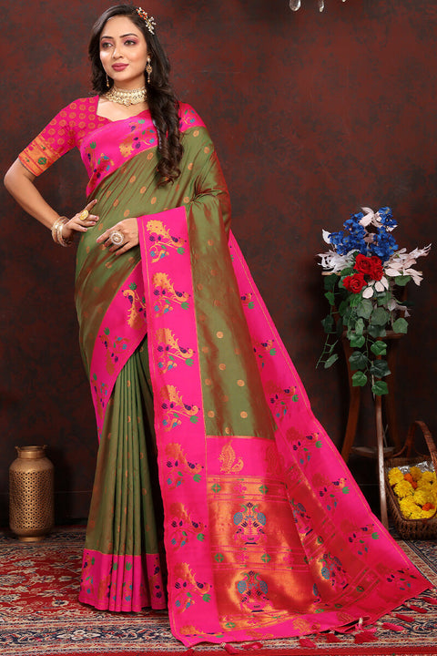 VastraLakshmi Breathtaking Mehndi Paithani Silk Saree With Designer Blouse Piece