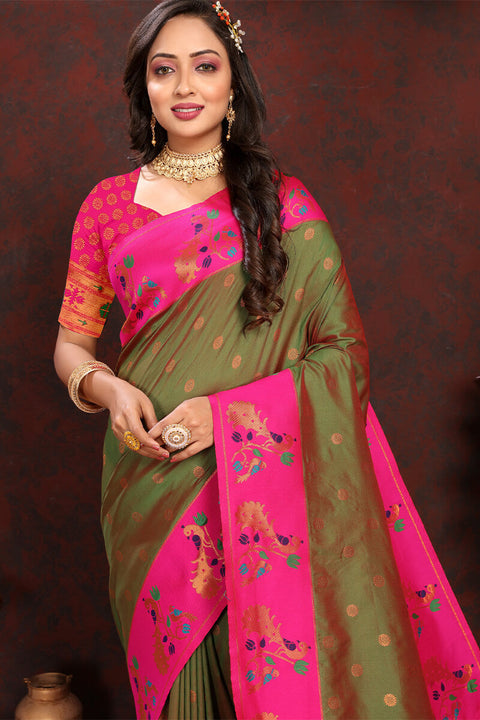 VastraLakshmi Breathtaking Mehndi Paithani Silk Saree With Designer Blouse Piece