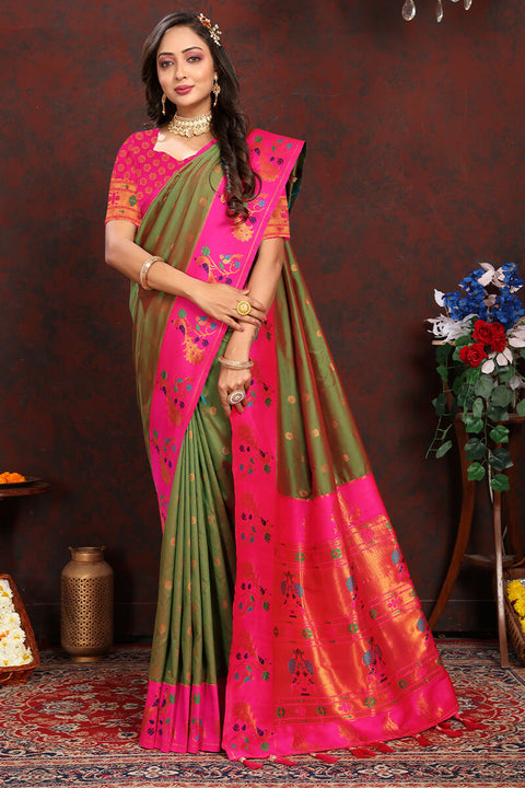 VastraLakshmi Breathtaking Mehndi Paithani Silk Saree With Designer Blouse Piece