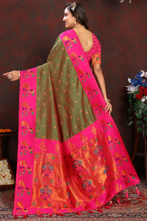 VastraLakshmi Breathtaking Mehndi Paithani Silk Saree With Designer Blouse Piece