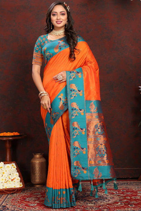 VastraLakshmi Surpassing Orange Paithani Silk Saree With Ethnic Blouse Piece