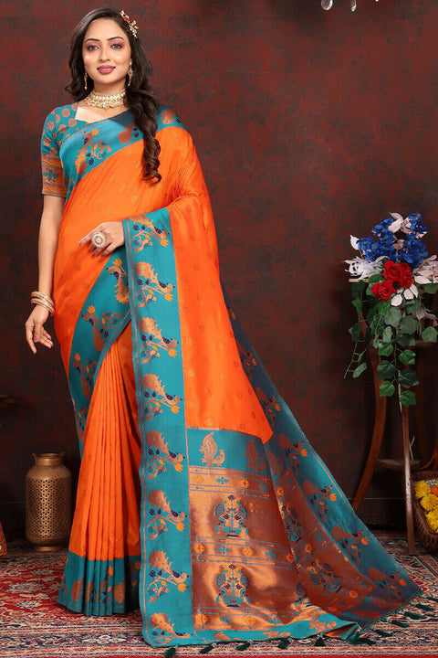 VastraLakshmi Surpassing Orange Paithani Silk Saree With Ethnic Blouse Piece