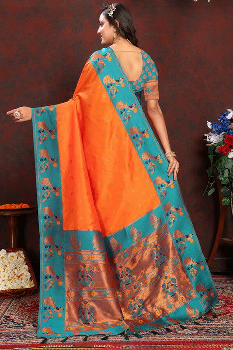 VastraLakshmi Surpassing Orange Paithani Silk Saree With Ethnic Blouse Piece