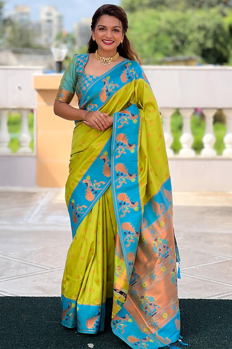 VastraLakshmi Opulent Parrot Paithani Silk Saree With Delightful Blouse Piece