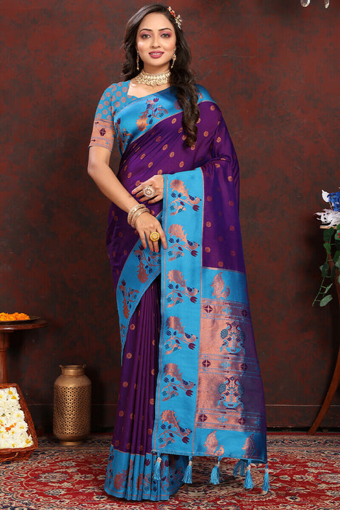 VastraLakshmi Flamboyant Purple Paithani Silk Saree With Jazzy Blouse Piece