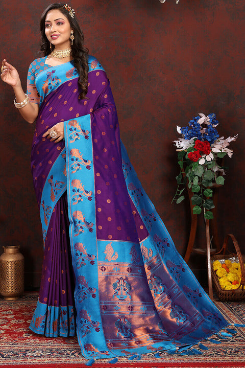 VastraLakshmi Flamboyant Purple Paithani Silk Saree With Jazzy Blouse Piece