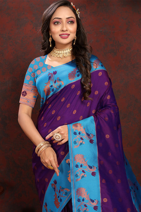 VastraLakshmi Flamboyant Purple Paithani Silk Saree With Jazzy Blouse Piece