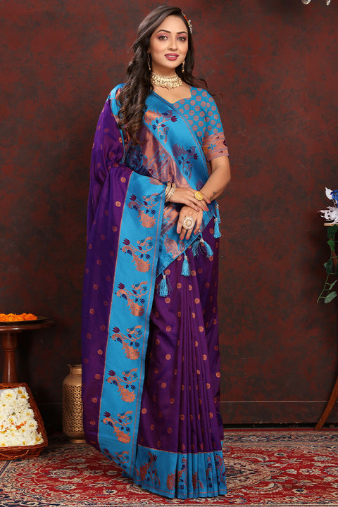 VastraLakshmi Flamboyant Purple Paithani Silk Saree With Jazzy Blouse Piece