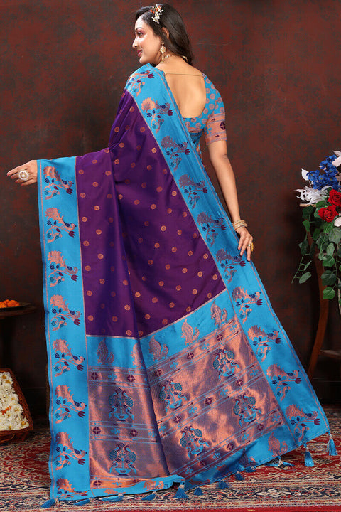 VastraLakshmi Flamboyant Purple Paithani Silk Saree With Jazzy Blouse Piece