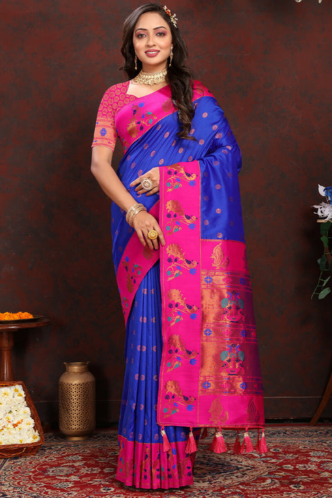 VastraLakshmi Invaluable Royal Blue Paithani Silk Saree With Skinny Blouse Piece