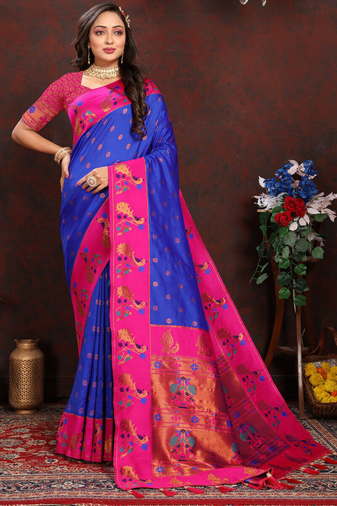 VastraLakshmi Invaluable Royal Blue Paithani Silk Saree With Skinny Blouse Piece