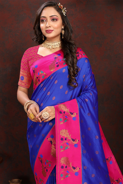 VastraLakshmi Invaluable Royal Blue Paithani Silk Saree With Skinny Blouse Piece