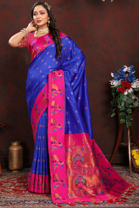 VastraLakshmi Invaluable Royal Blue Paithani Silk Saree With Skinny Blouse Piece