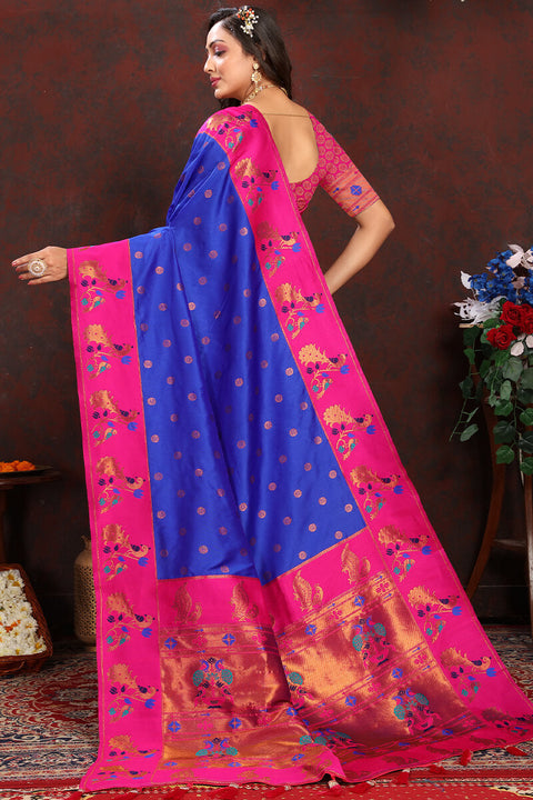 VastraLakshmi Invaluable Royal Blue Paithani Silk Saree With Skinny Blouse Piece