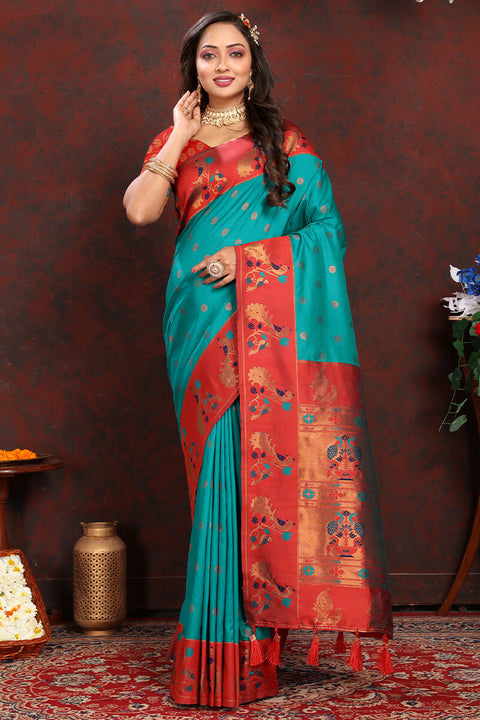 VastraLakshmi Sensational Sea Green Paithani Silk Saree With Amazing Blouse Piece