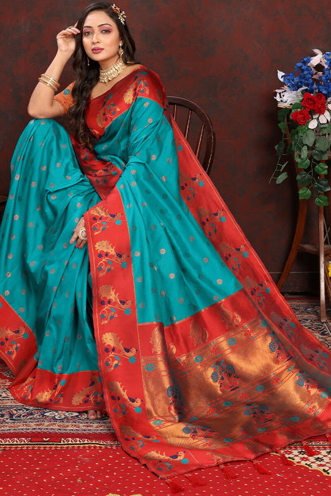 VastraLakshmi Sensational Sea Green Paithani Silk Saree With Amazing Blouse Piece