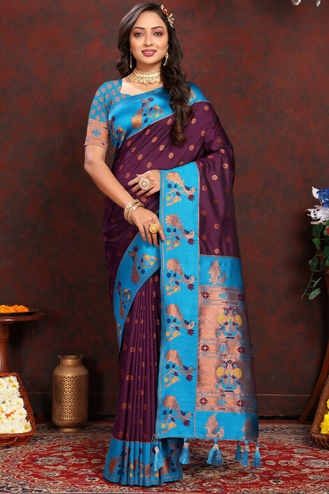 VastraLakshmi Extraordinary Wine Paithani Silk Saree With Gratifying Blouse Piece