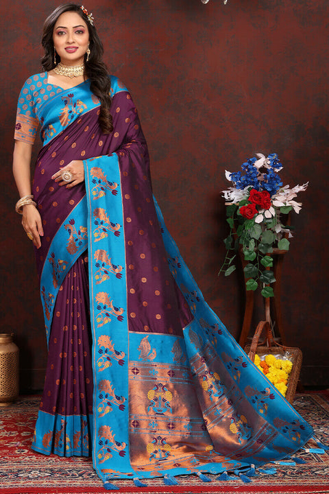 VastraLakshmi Extraordinary Wine Paithani Silk Saree With Gratifying Blouse Piece