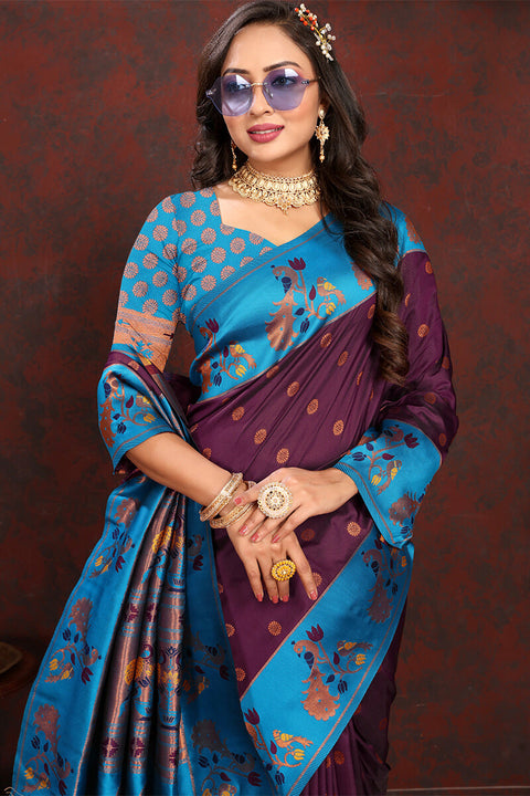 VastraLakshmi Extraordinary Wine Paithani Silk Saree With Gratifying Blouse Piece